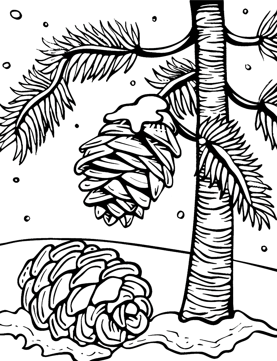 Winter Pine Cone Collection Coloring Page - Pine cones lying in the snow under a pine tree.