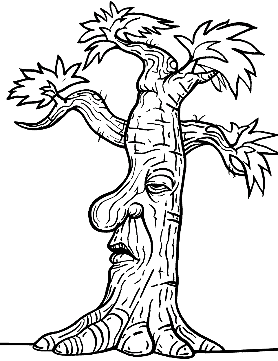 Old Wise Tree Coloring Page - An ancient tree with a wise, expressive face on its trunk.