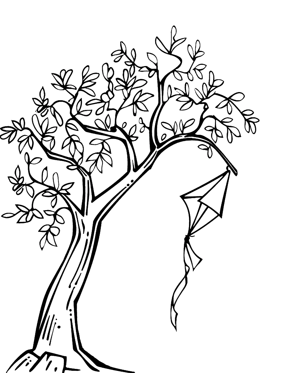 Kite Stuck in a Tree Coloring Page - A kite caught in the branches of a tree.