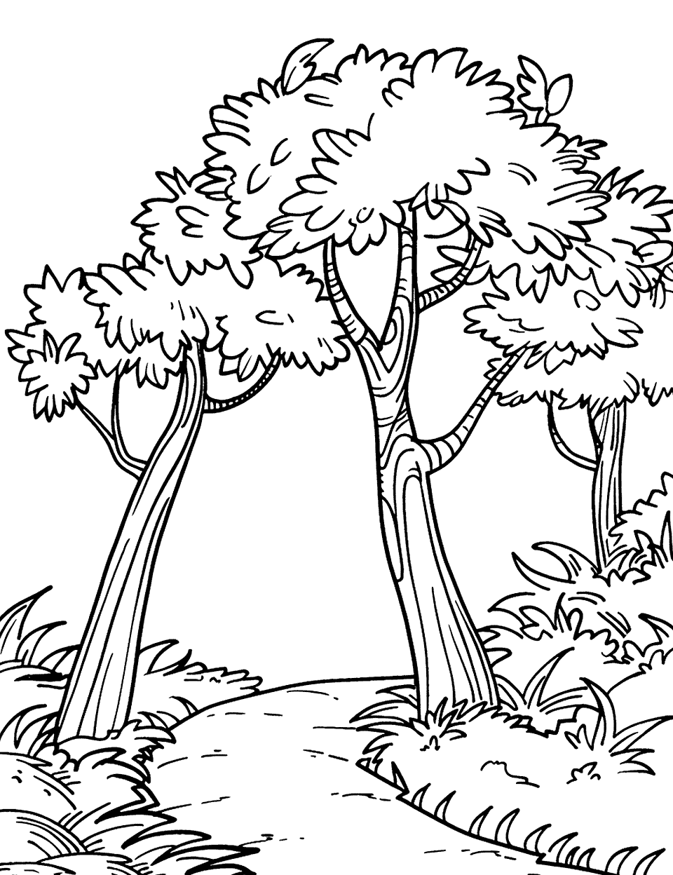 Forest Path Coloring Page - A narrow path winding through a forest of trees.