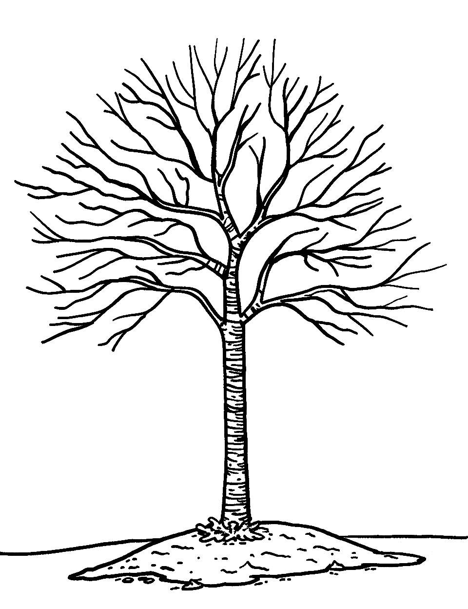Bare Tree in Winter Coloring Page - A lone tree without leaves, with a snow-covered ground beneath it.