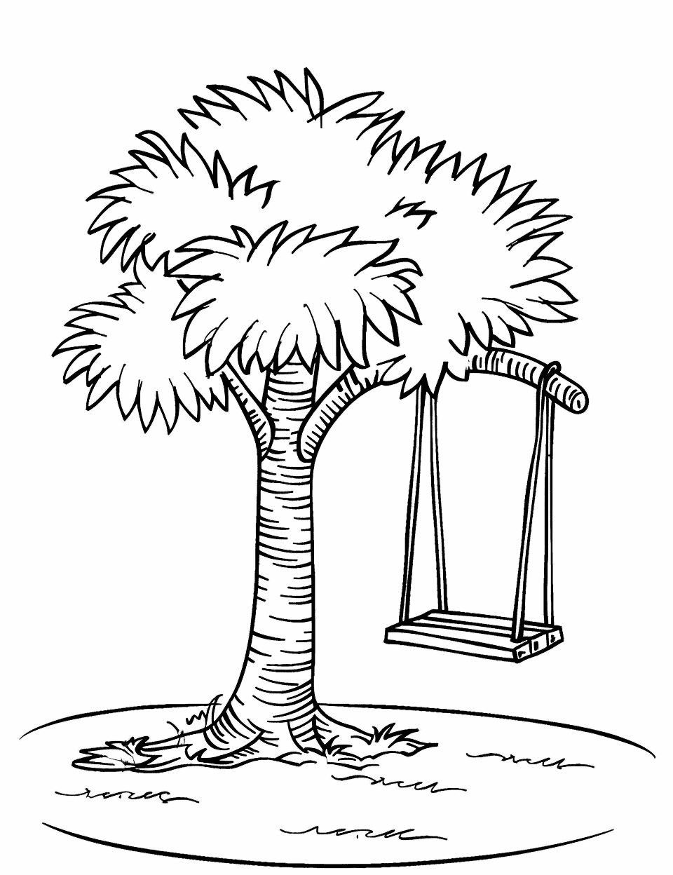 Tree with Swing Coloring Page - A sturdy tree with a wooden swing hanging from one of its branches.