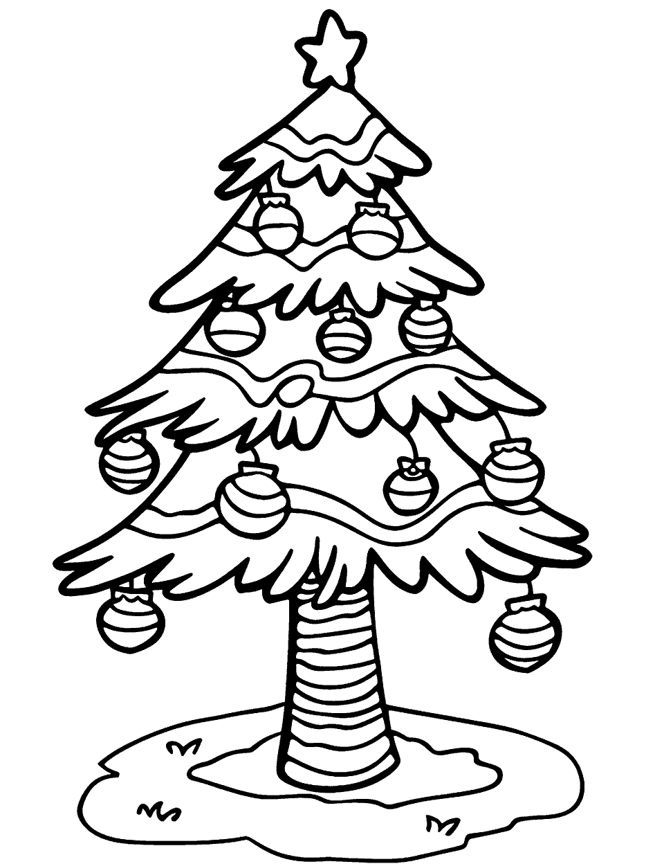 Decorated Christmas Tree Coloring Page - A Christmas tree adorned with ornaments, lights, and a star on top.