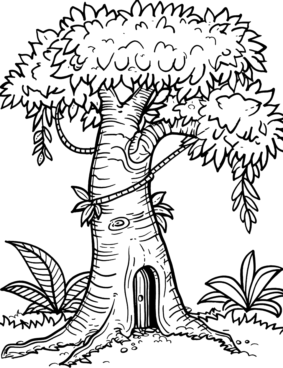 Enchanted Forest Entry Coloring Page - A single, mystical tree with a doorway in its trunk leading to an unknown world.