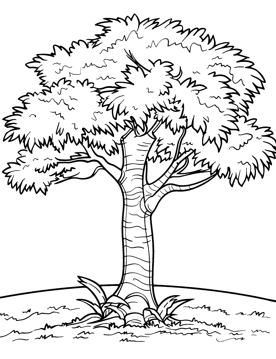 Majestic Oak Tree Coloring Page - An imposing oak tree with a wide canopy providing shade.