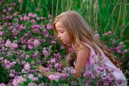 Pretty little girl smelling flowers in the meadow