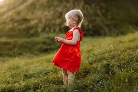 Little beautiful girl in red dress standing in the meadow