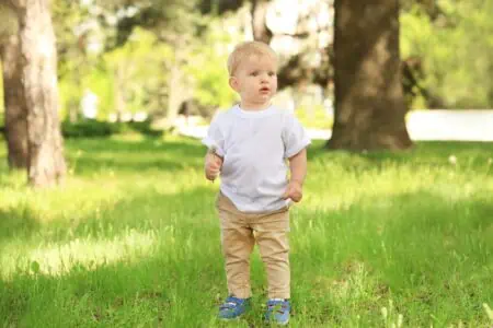 Cute little boy walking in green park on sunny day