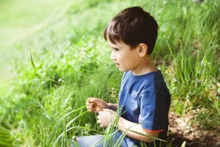 Young boy sitting on green grass at the park