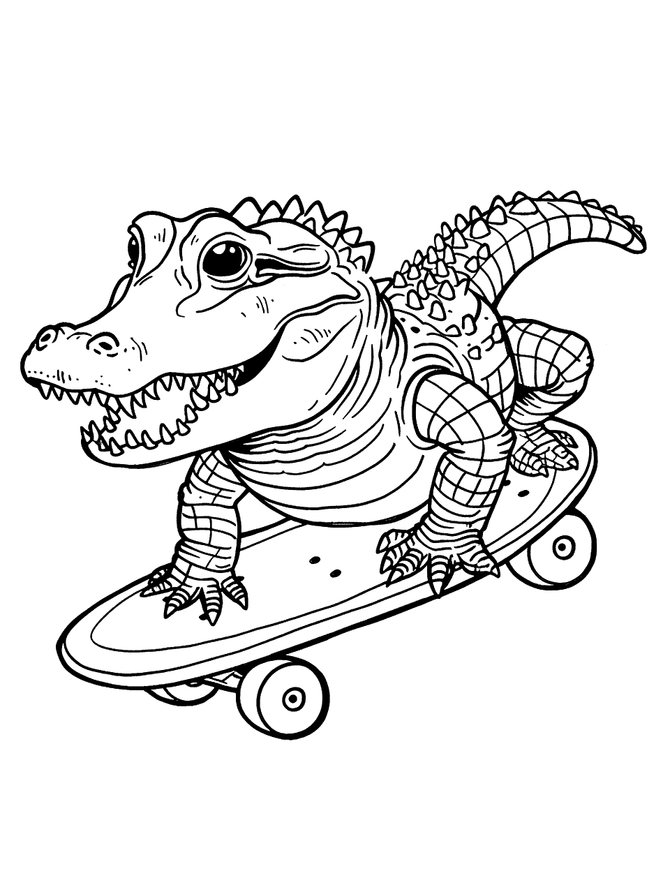 Alligator Riding a Skateboard Coloring Page - An alligator doing a cool trick on a skateboard.