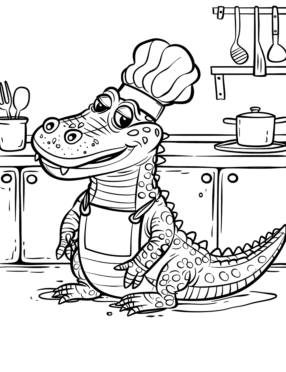 Alligator Chef Coloring Page - An alligator wearing a chef’s hat and apron, cooking in a kitchen.