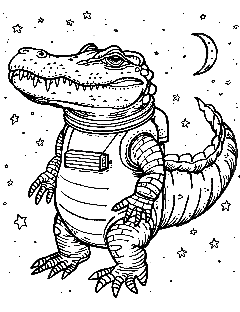 Alligator in a Spacesuit Coloring Page - An alligator floating in space, wearing a spacesuit with stars in the background.