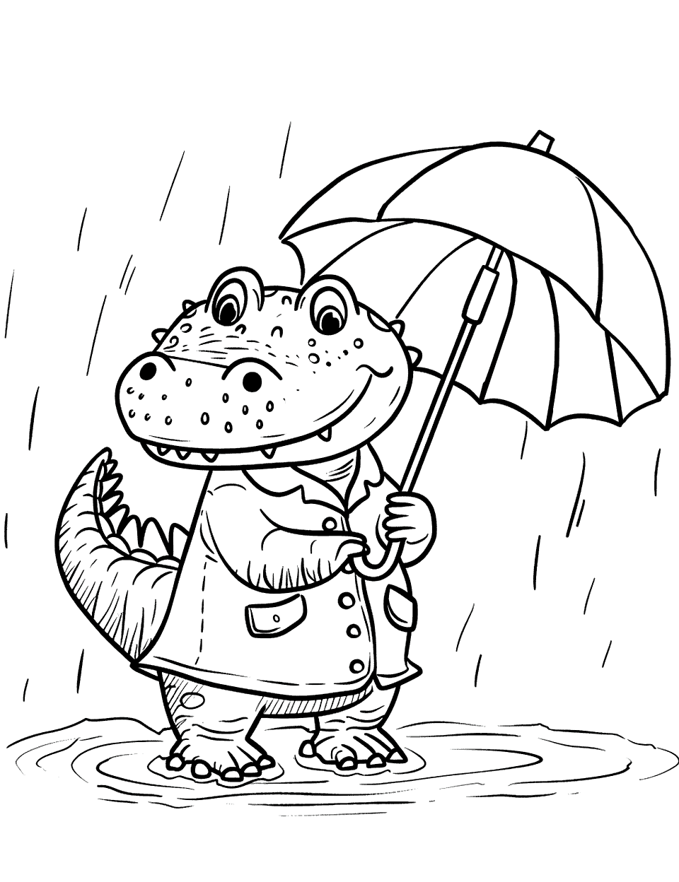 Alligator in a Raincoat Coloring Page - An alligator walking in the rain with a raincoat and an umbrella.