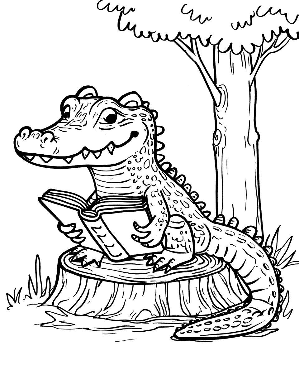 Alligator Reading a Book Coloring Page - An alligator sitting on a tree stump, reading a book under a tree.