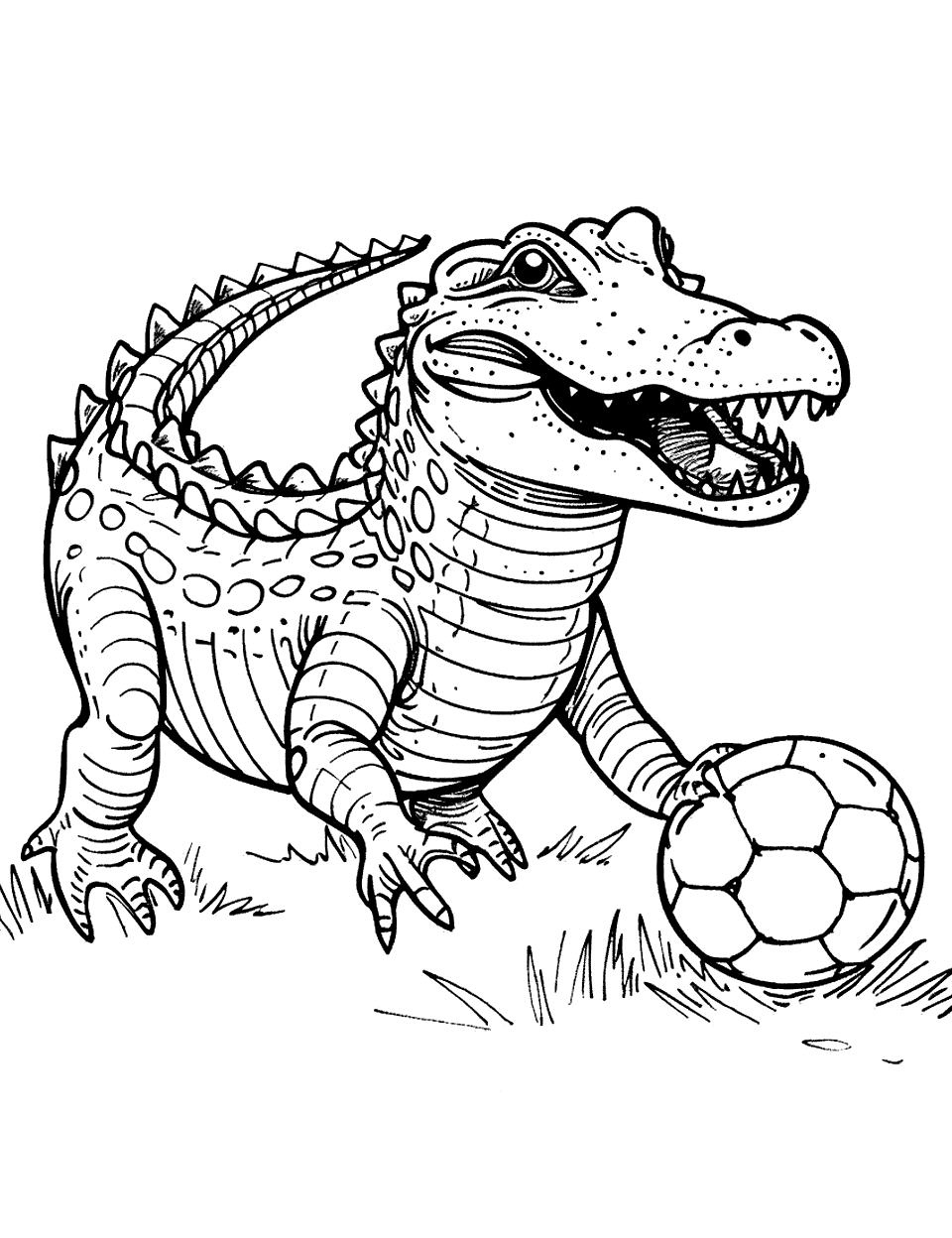 Alligator Playing Soccer Coloring Page - An alligator kicking a soccer ball on a grassy field.