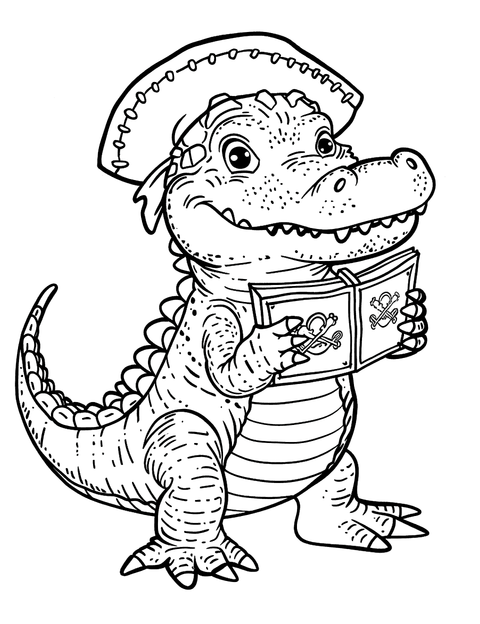 Alligator in a Halloween Costume Coloring Page - An alligator dressed as a pirate for Halloween, holding a treasure map.