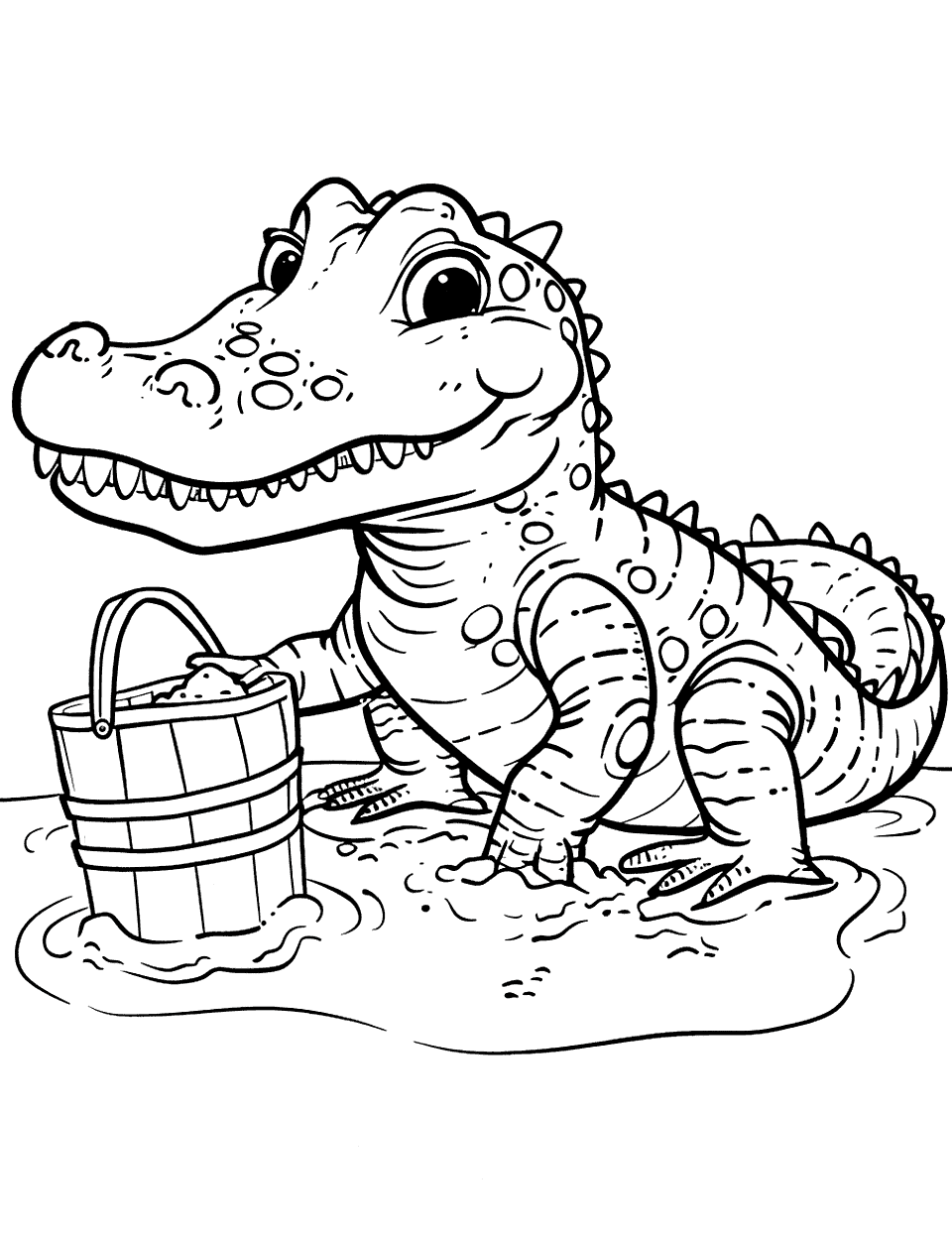 Alligator Building a Sandcastle Coloring Page - An alligator ready to build a sandcastle on the beach with a bucket.