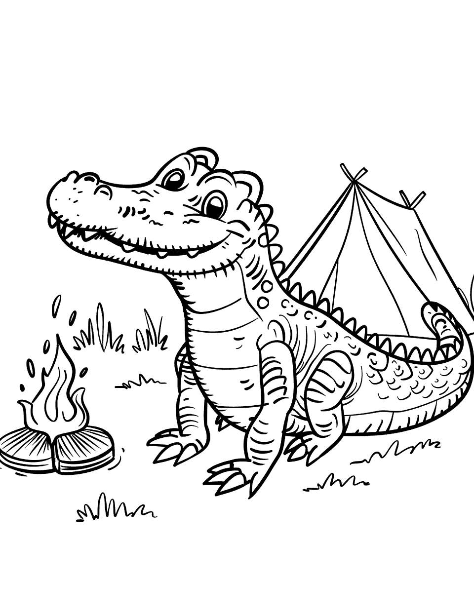 Alligator Going Camping Coloring Page - An alligator sitting by a campfire with a tent in the background.