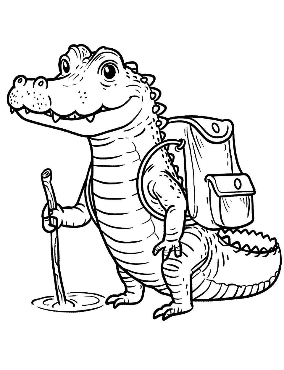 Alligator with a Backpack Coloring Page - An alligator hiking with a backpack and a walking stick.