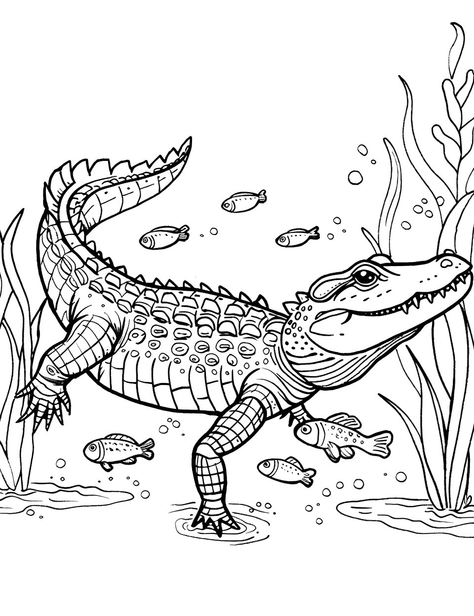 Alligator Underwater Coloring Page - An alligator swimming underwater with fish and aquatic plants around.