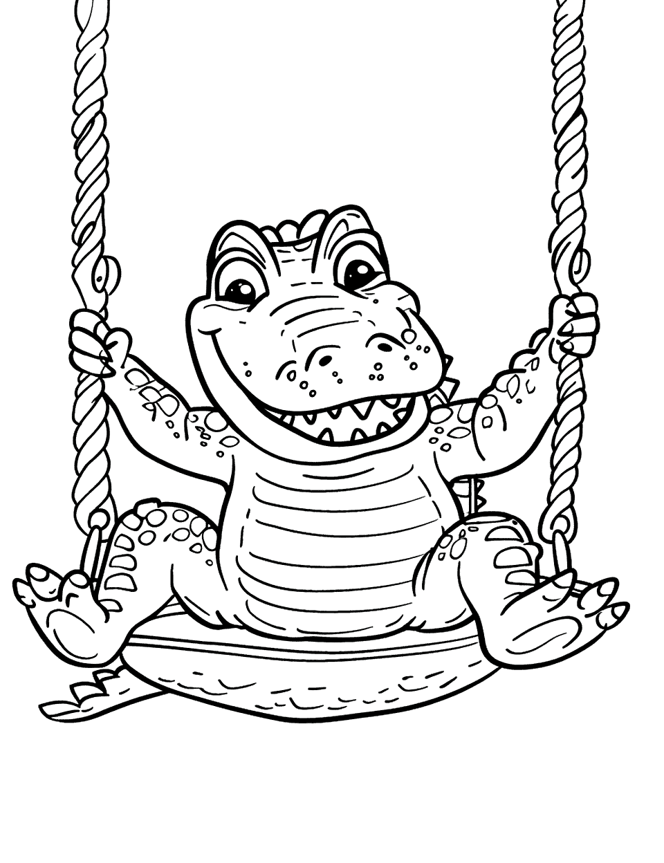 Alligator on a Swing Coloring Page - An alligator swinging happily on a playground swing.