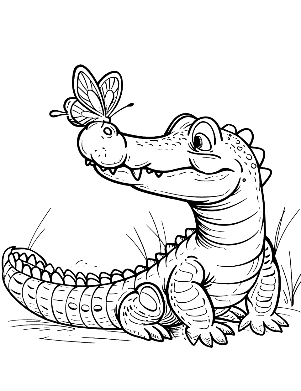 Alligator with a Butterfly Coloring Page - An alligator gently holding a butterfly on its nose.