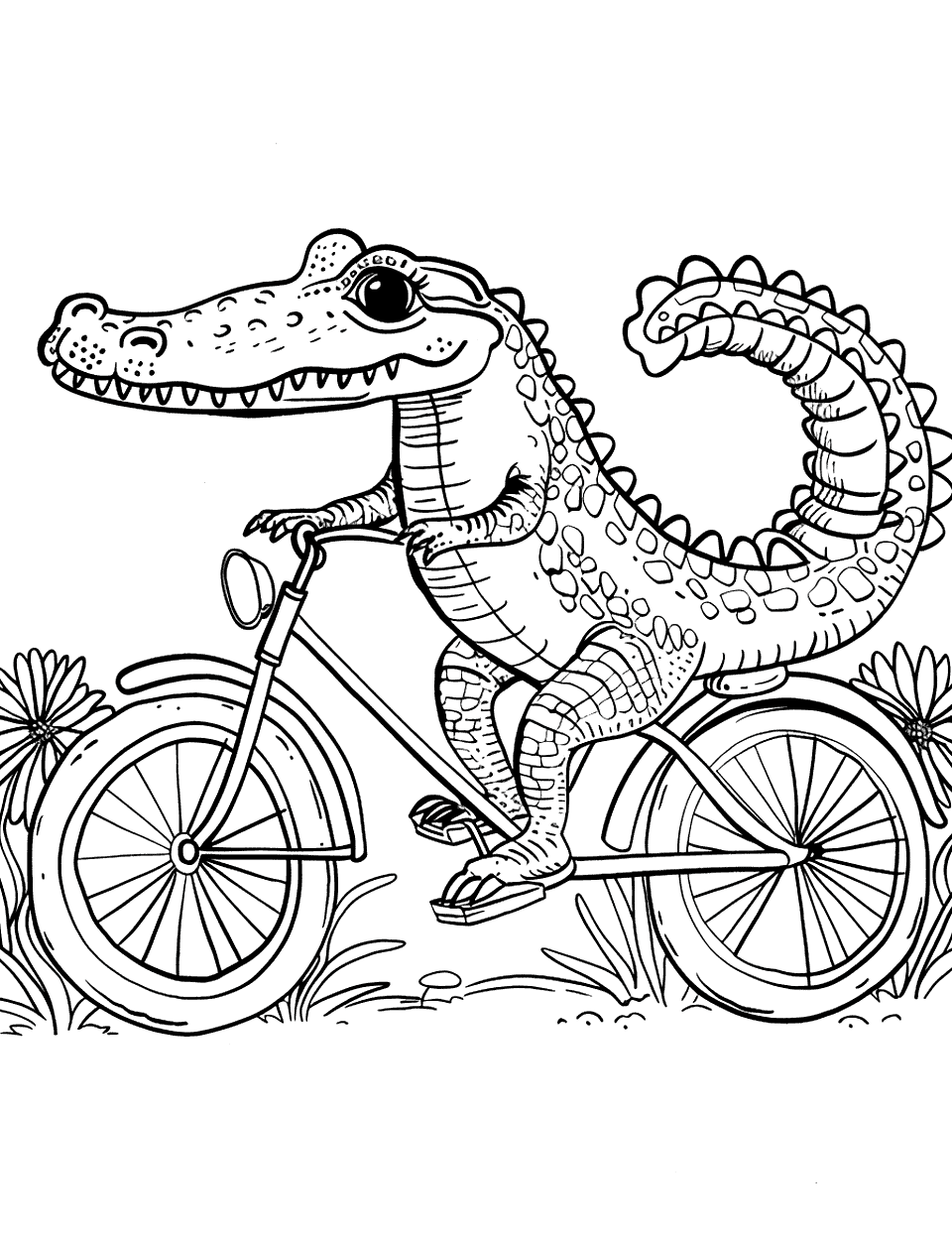 Alligator on a Bicycle Coloring Page - An alligator riding a bicycle down a path with flowers on the sides.