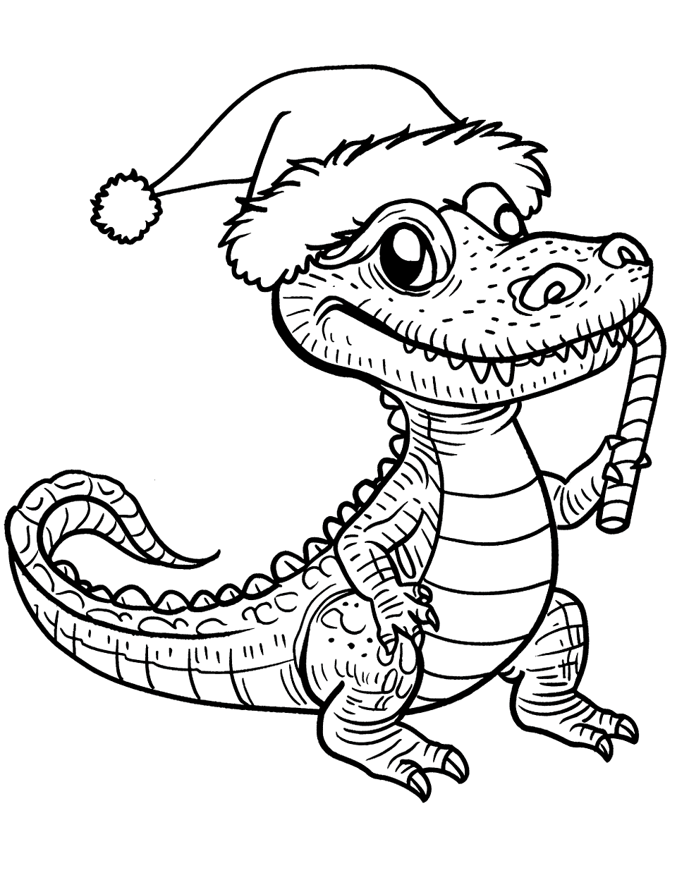 Christmas Alligator Coloring Page - An alligator wearing a Santa hat and holding a candy cane.