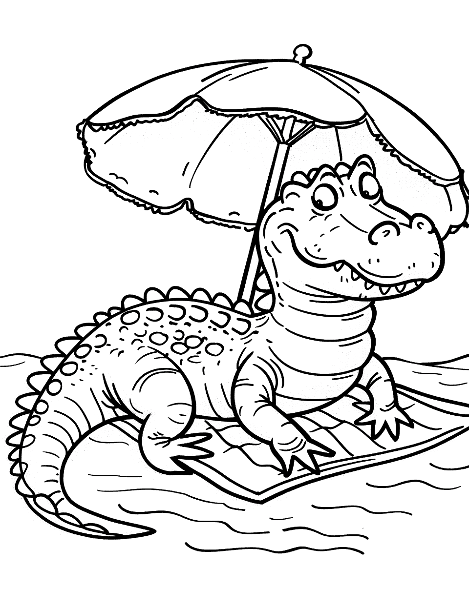 Summer Alligator at the Beach Coloring Page - An alligator lounging on a beach towel under a big umbrella.