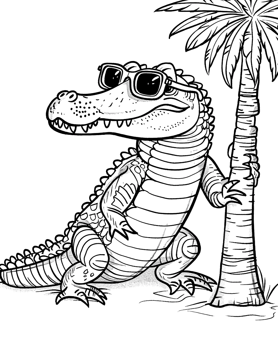 Cool Alligator with Sunglasses Coloring Page - An alligator wearing stylish sunglasses and leaning against a palm tree.