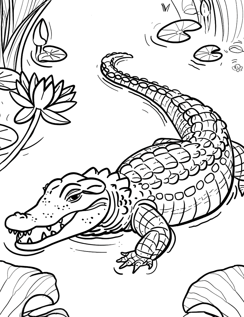 Chinese Alligator in a River Coloring Page - A Chinese alligator swimming in a peaceful river with lotus flowers floating nearby.