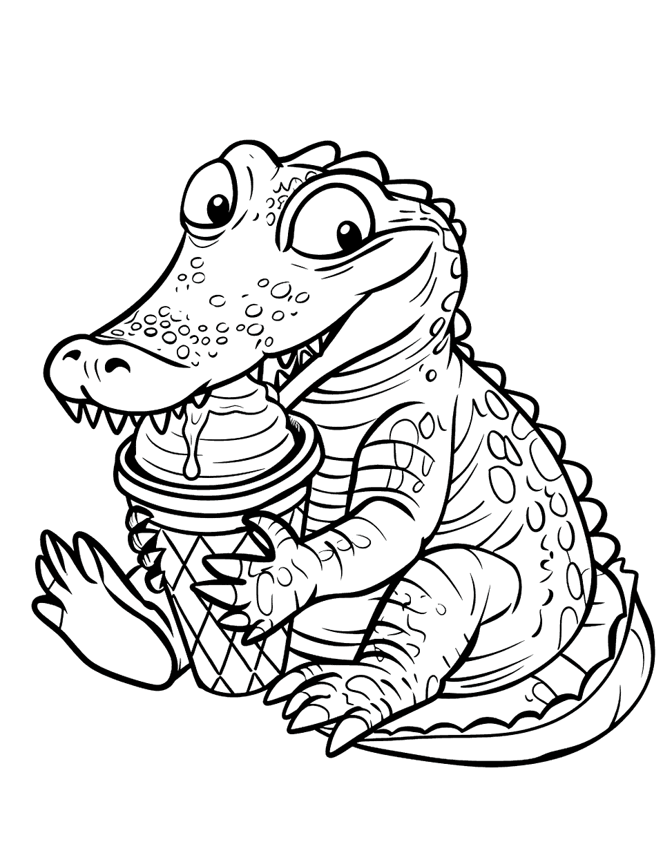 Alligator Eating Ice Cream Coloring Page - An alligator enjoying an ice cream cone with a big smile.