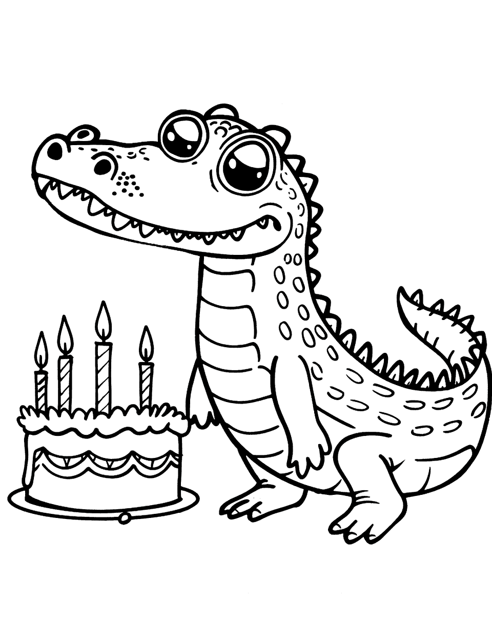 Alligator with a Birthday Cake Coloring Page - An alligator standing next to a birthday cake with candles.