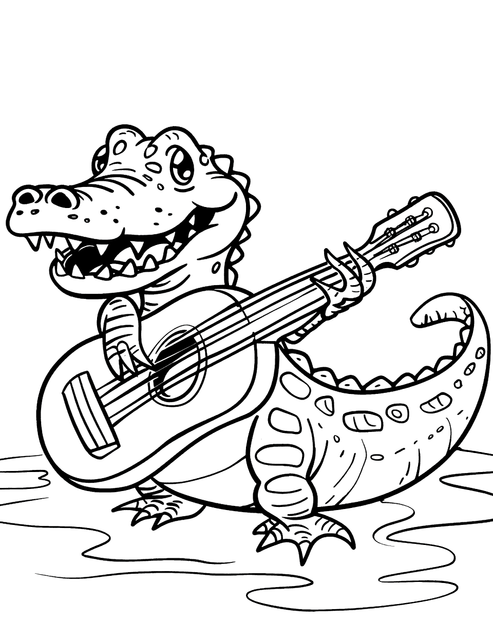 Alligator Playing a Guitar Coloring Page - An alligator strumming a guitar and singing.