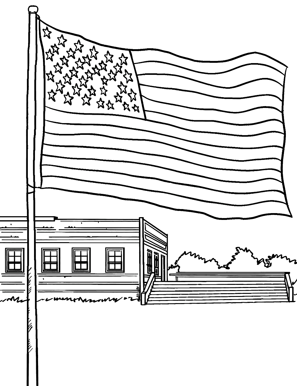 American Flag at School Coloring Page - An American flag flying high in front of a school building.