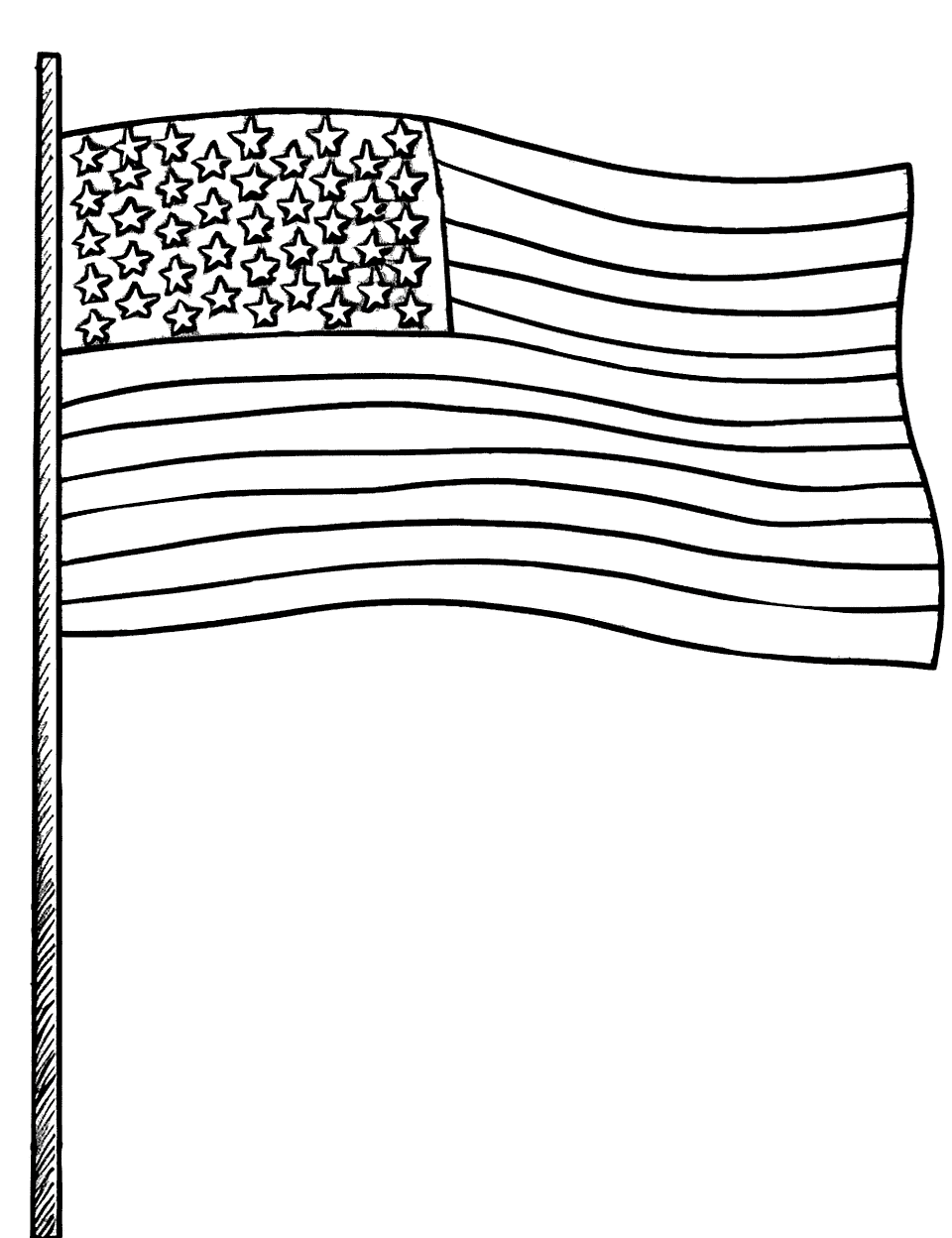 United States Flag Drawing American Coloring Page - A coloring page featuring a detailed drawing of the United States flag.