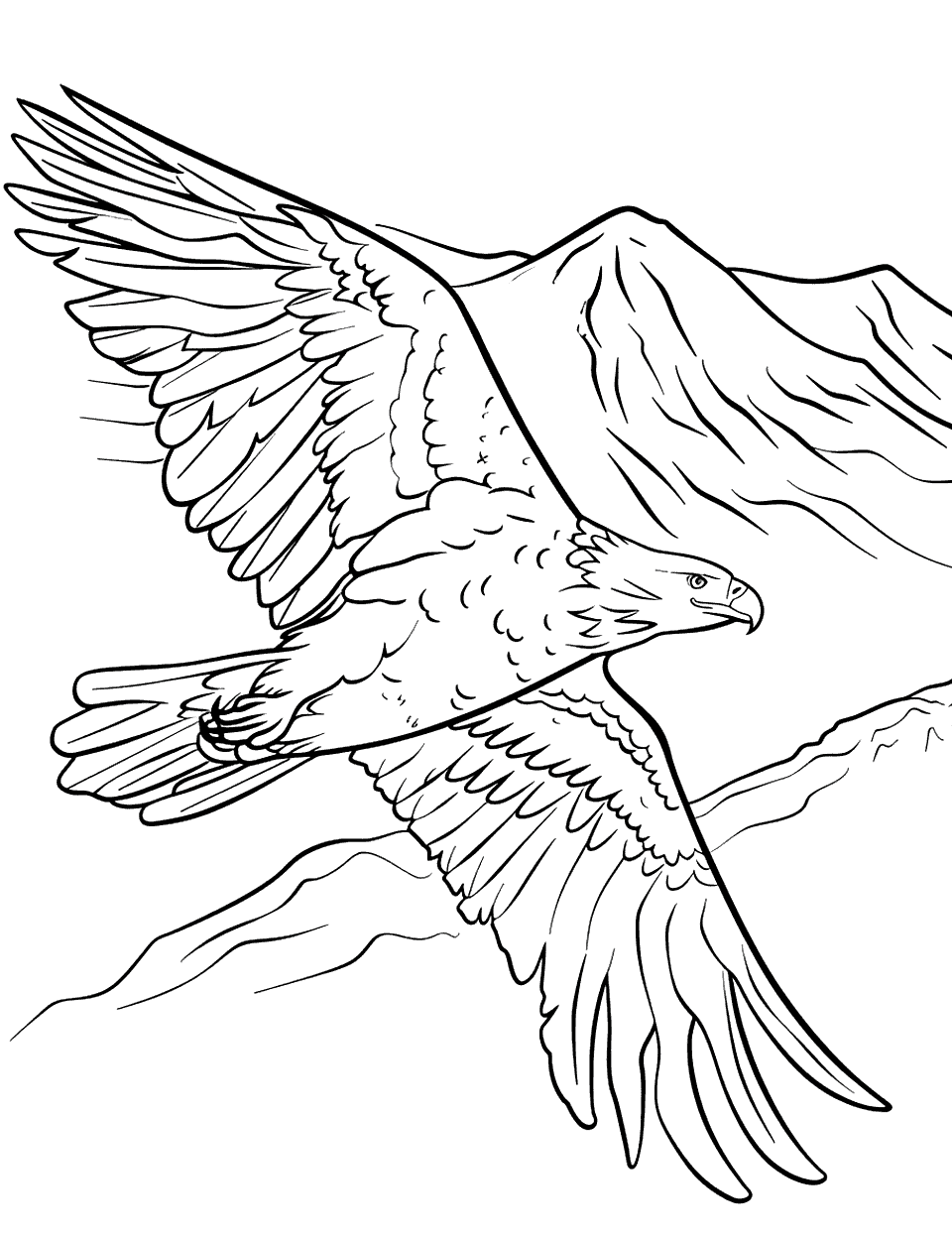 American Eagle in Flight Flag Coloring Page - An American eagle flying with a backdrop of mountains and a clear sky.