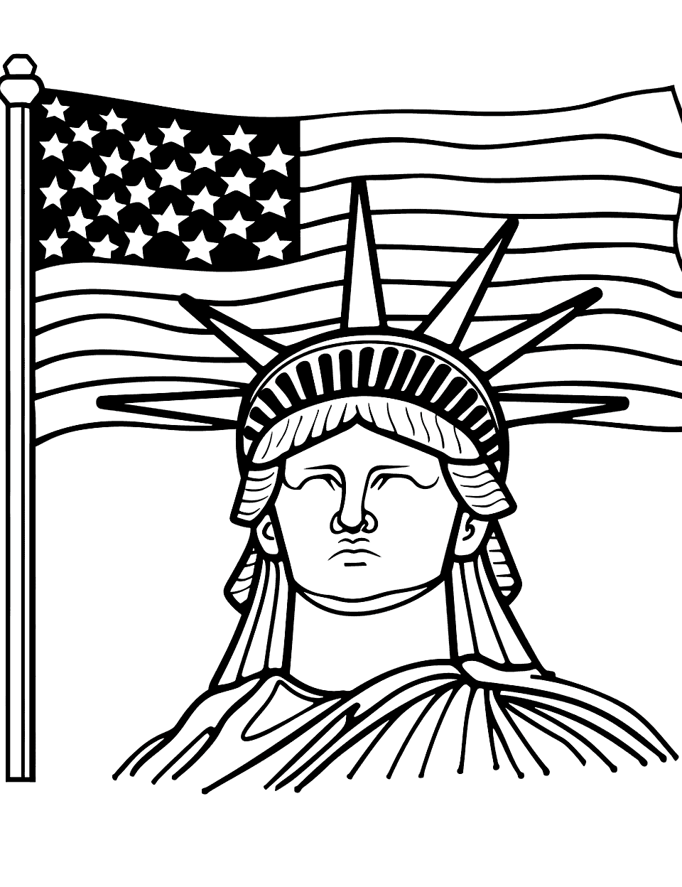 Statue of Liberty Close-Up American Flag Coloring Page - A close-up of the Statue of Liberty’s face with the American flag in the background.