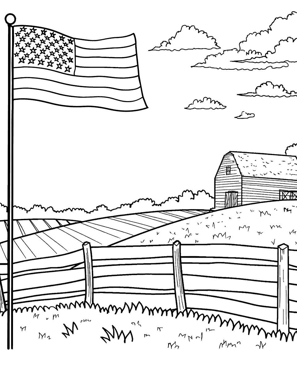 America's Farmlands American Flag Coloring Page - A serene farmland scene with an American flag flying at the farmhouse.