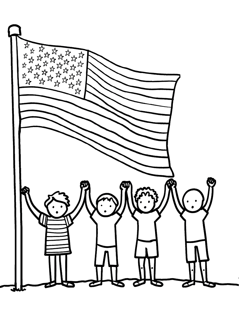 Kids Holding Hands Around the Flag American Coloring Page - Children holding hands near the American flag.