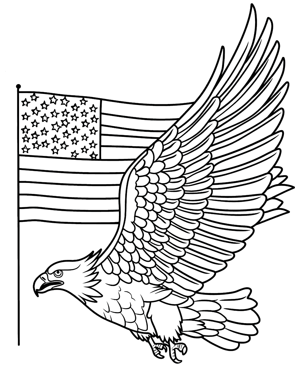 Bald Eagle and Flag American Coloring Page - A bald eagle flying with the American flag behind it.