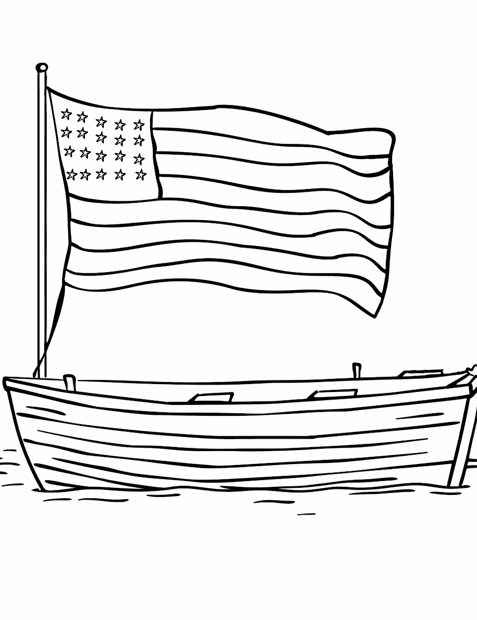 American Flag on a Boat Coloring Page - A small boat on a lake with the American flag waving at the stern.