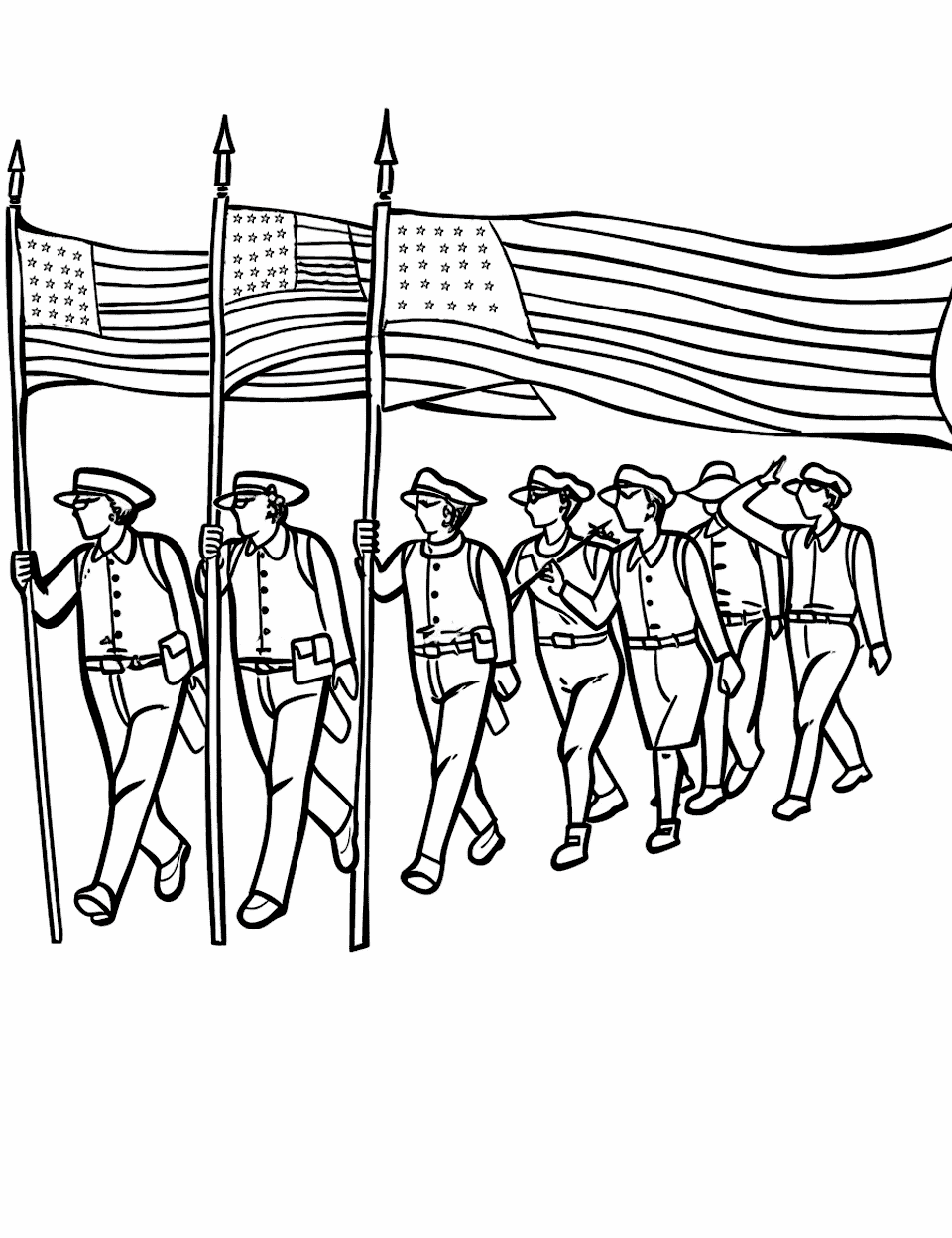 Veterans Day Parade American Flag Coloring Page - Veterans marching in a parade with American flags.