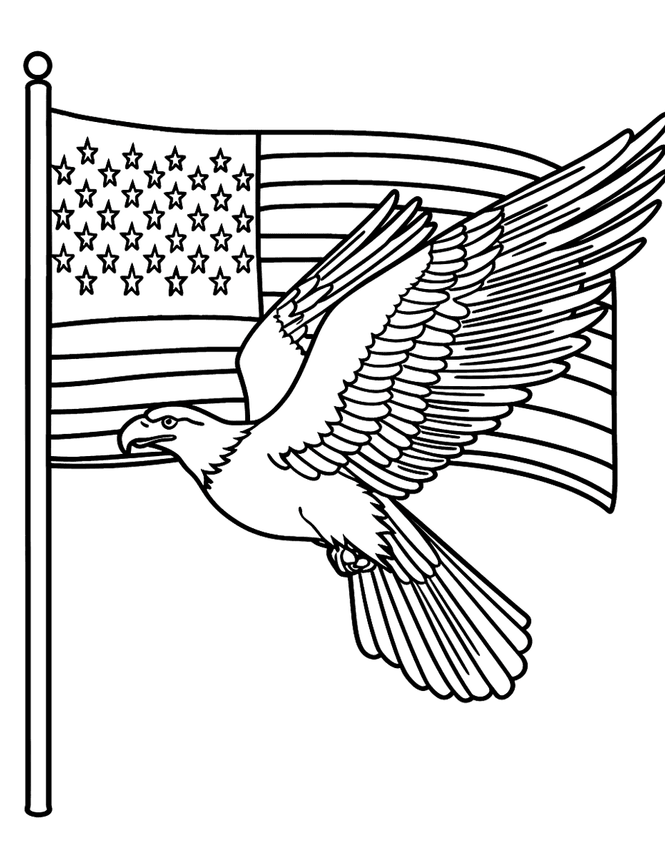 Eagle in front of the Flag American Coloring Page - An American eagle flying in front of the United States flag.
