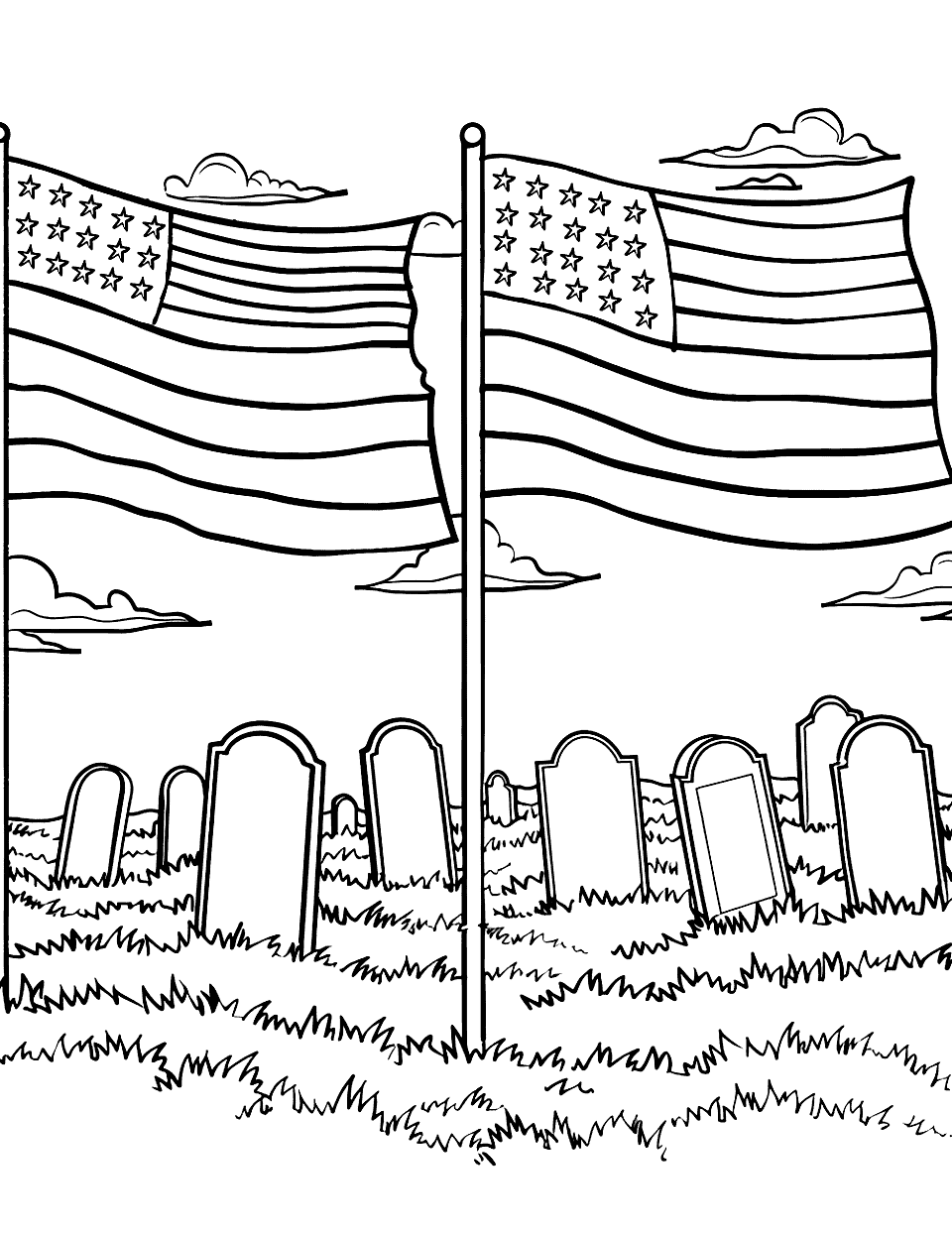 Memorial Day Remembrance American Flag Coloring Page - A scene with American flags placed at gravestones in a cemetery.