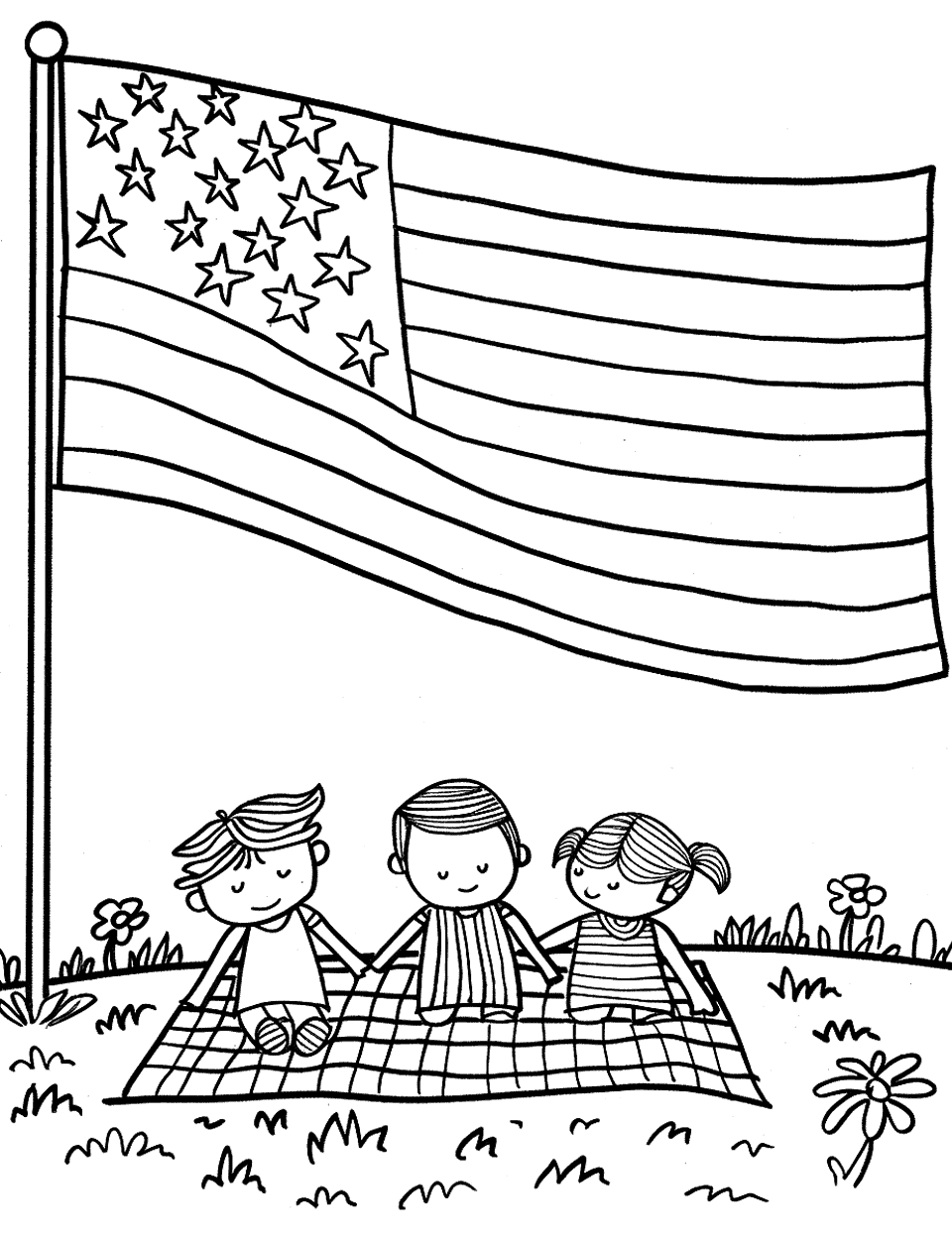 Fourth of July Picnic American Flag Coloring Page - A family picnic scene with a huge American flags behind them.