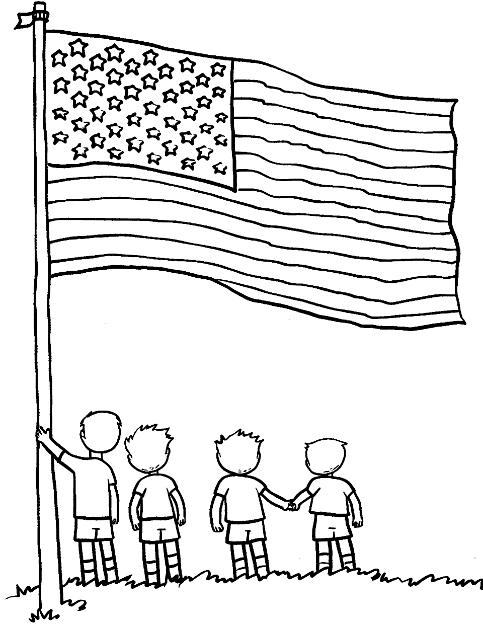 Flag Day Ceremony American Coloring Page - A Flag Day ceremony with children raising the American flag.