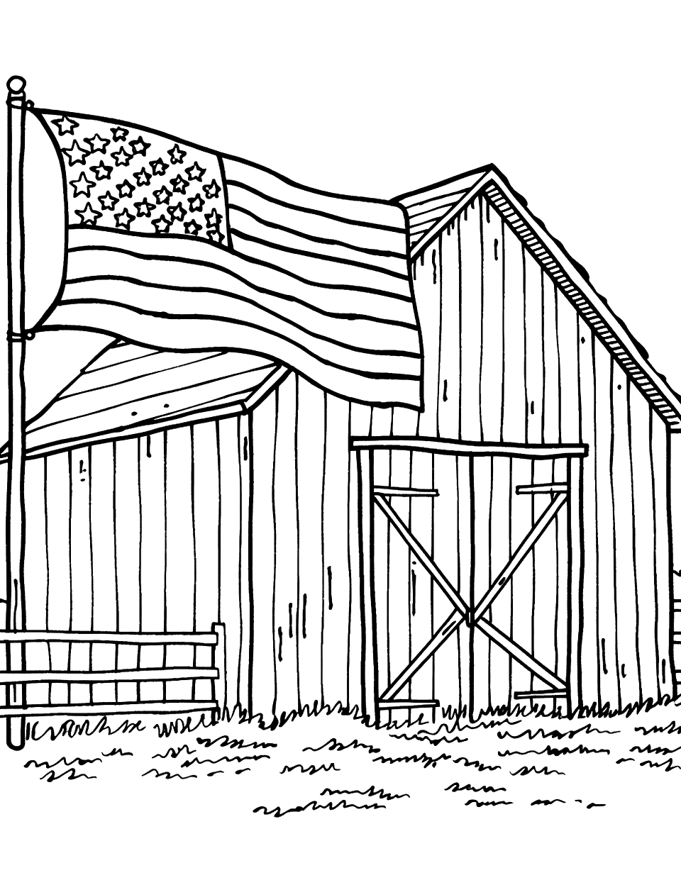 American Flag on a Farm Coloring Page - A rustic barn with an American flag rasied on the front side.