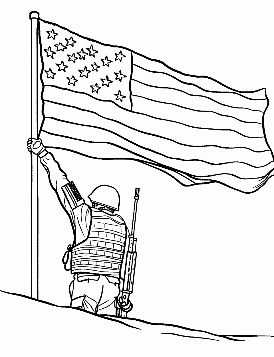 Soldiers Raising the Flag American Coloring Page - Soldier raising the American flag during a military operation.