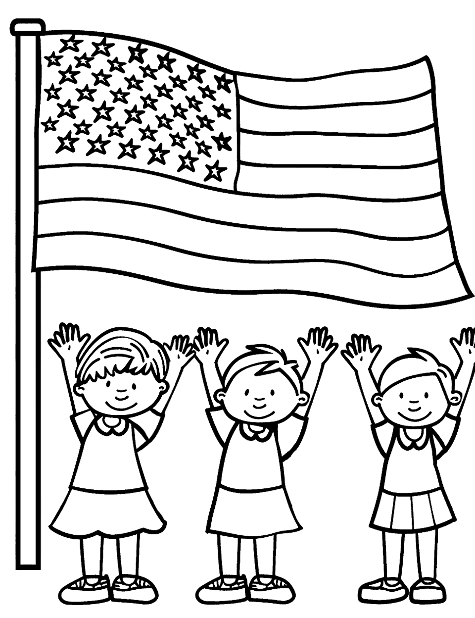 Kids and the Flag American Coloring Page - A group of children in front of the American flag at a school event.